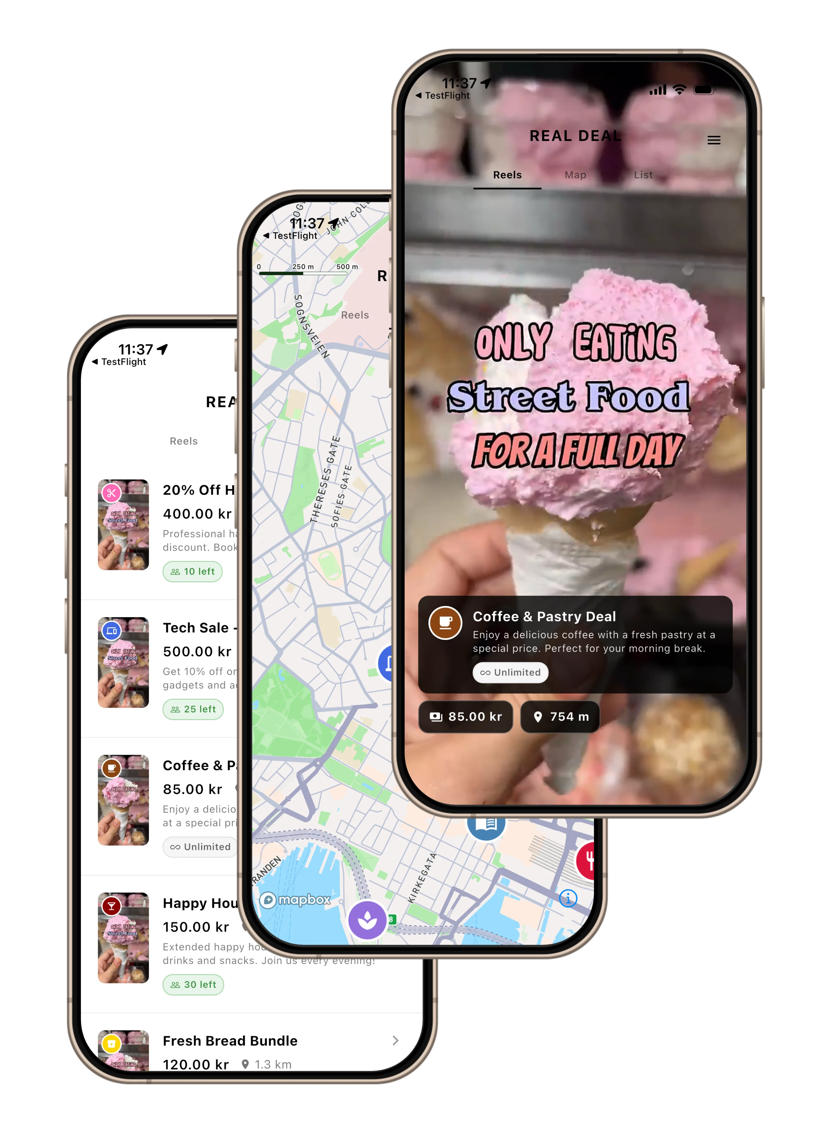 RealDeal mobile app screenshots showing map view with local deals